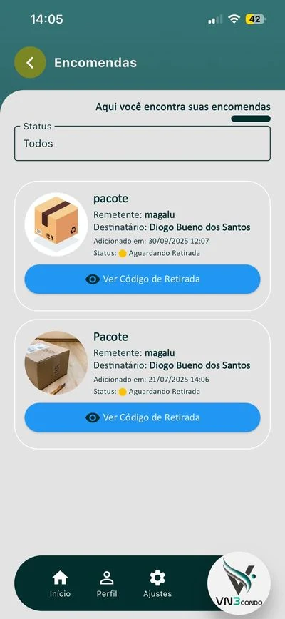 Tela de encomendas com código de retirada