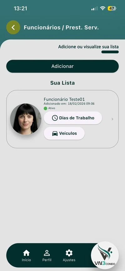 Tela de funcionários e prestadores